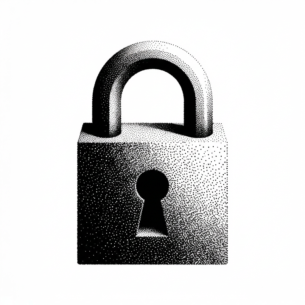 Black and white dotted illustration of a closed padlock with a keyhole.