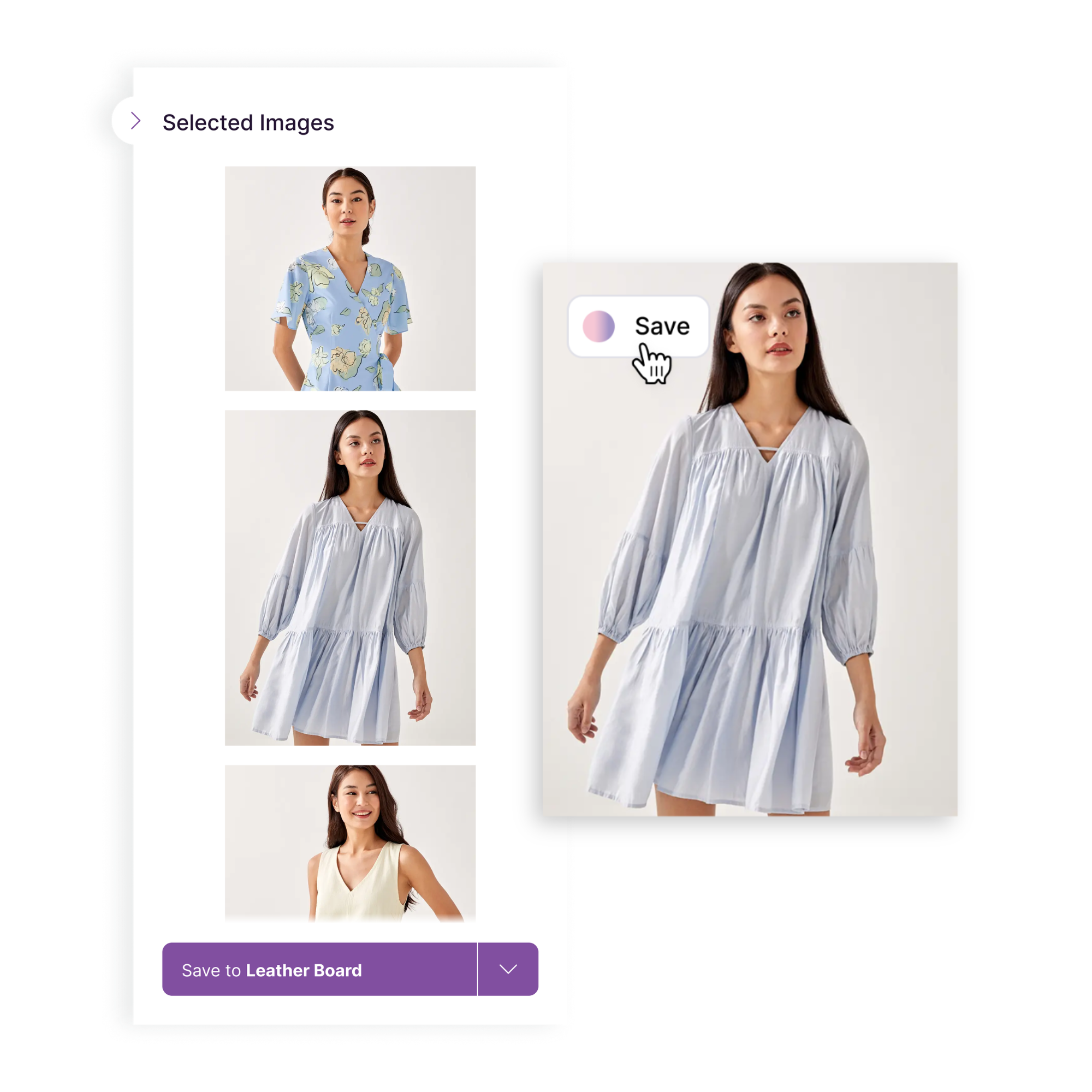 Fashion selection interface showing three images of women modeling different dresses with a highlighted image of a woman in a light blue smock dress and a cursor clicking the save button.