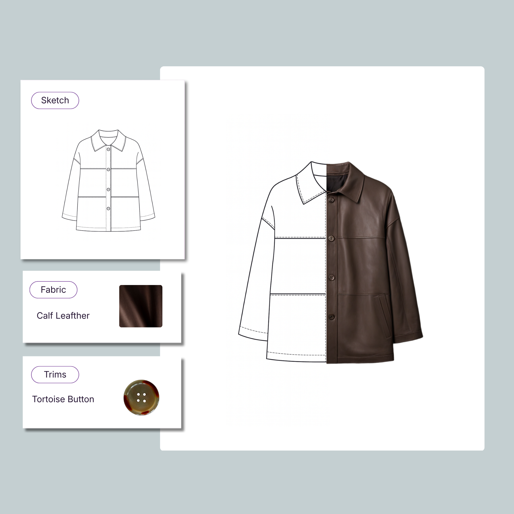 Half sketch and half photo of a brown calf leather jacket with tortoise buttons, alongside swatches and labels for fabric and trims.