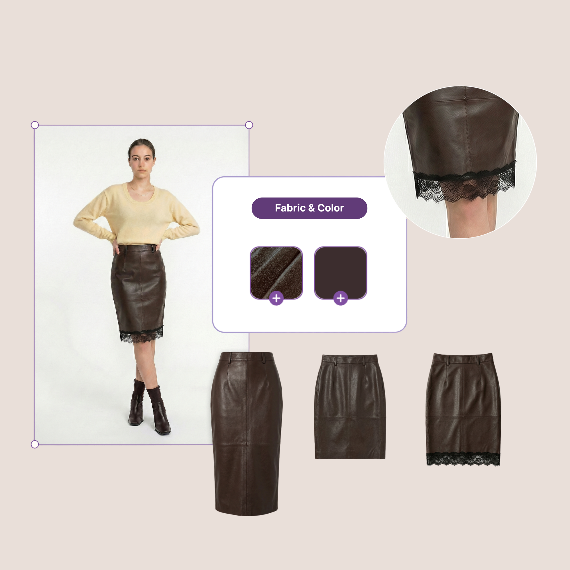 Woman wearing a dark brown leather pencil skirt with black lace trim at the hem, shown with fabric swatches and close-up of lace detail.