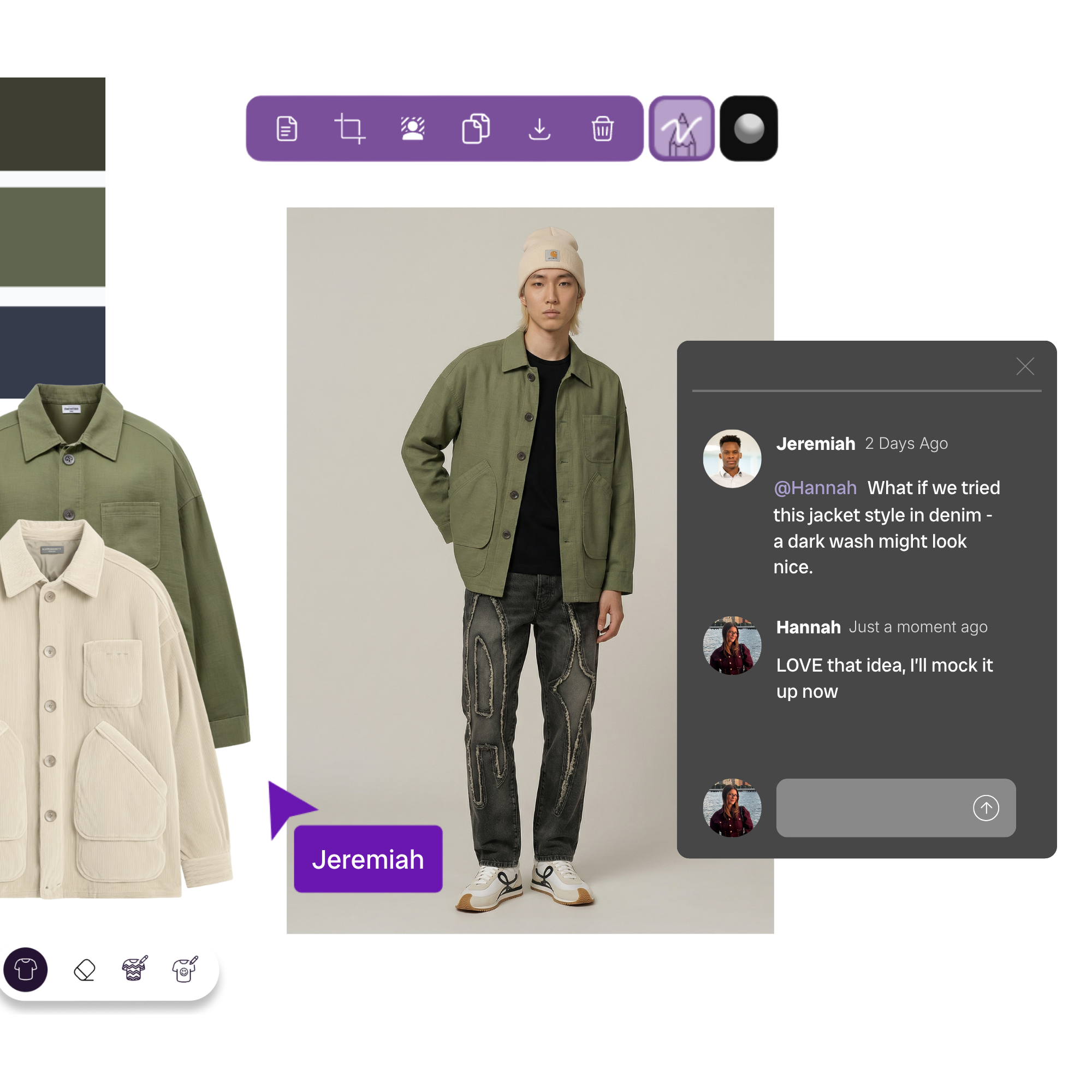 Fashion design collaboration interface showing a model wearing a green jacket and black patterned jeans, with color swatches and jacket options on the left, and a chat about trying the jacket style in denim on the right.