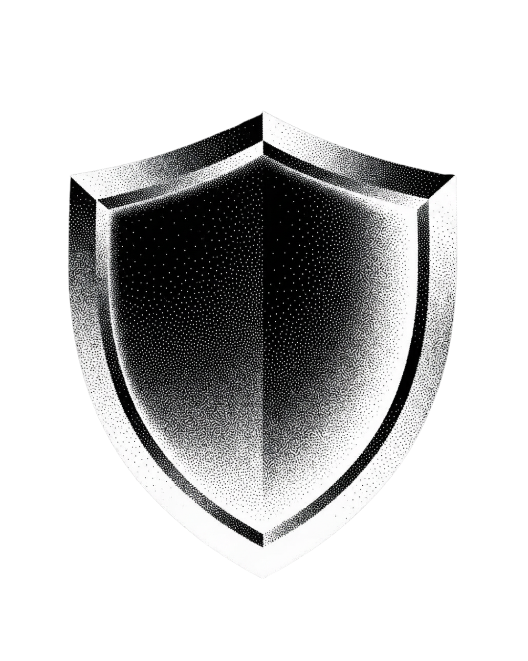 Black and white shield graphic with dotted shading creating a three-dimensional effect.
