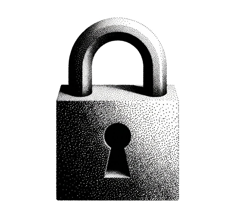 Black and white dotted illustration of a closed padlock with a keyhole.