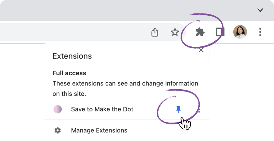 A screenshot of how to pin the Save to Make the Dot extension on your chrome browser
