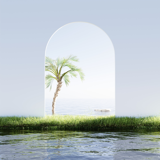 A 3D render of a palm tree in front of a lake with a doorway to enter the ocean