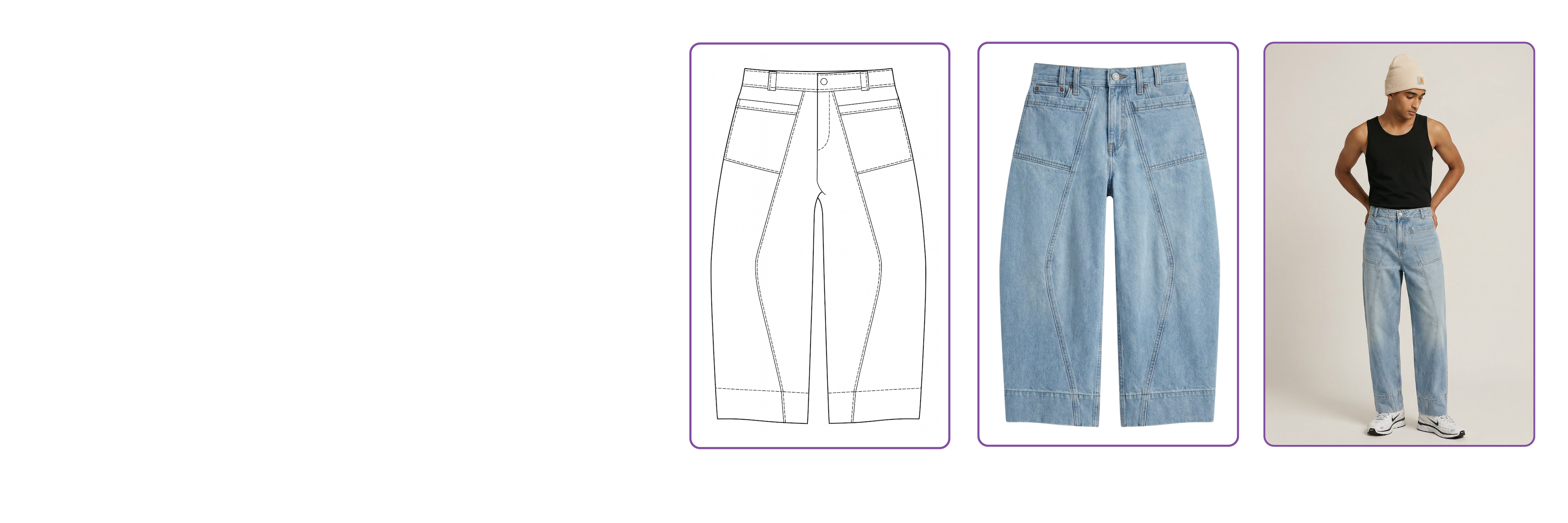 Design sketch, render, and final product on model