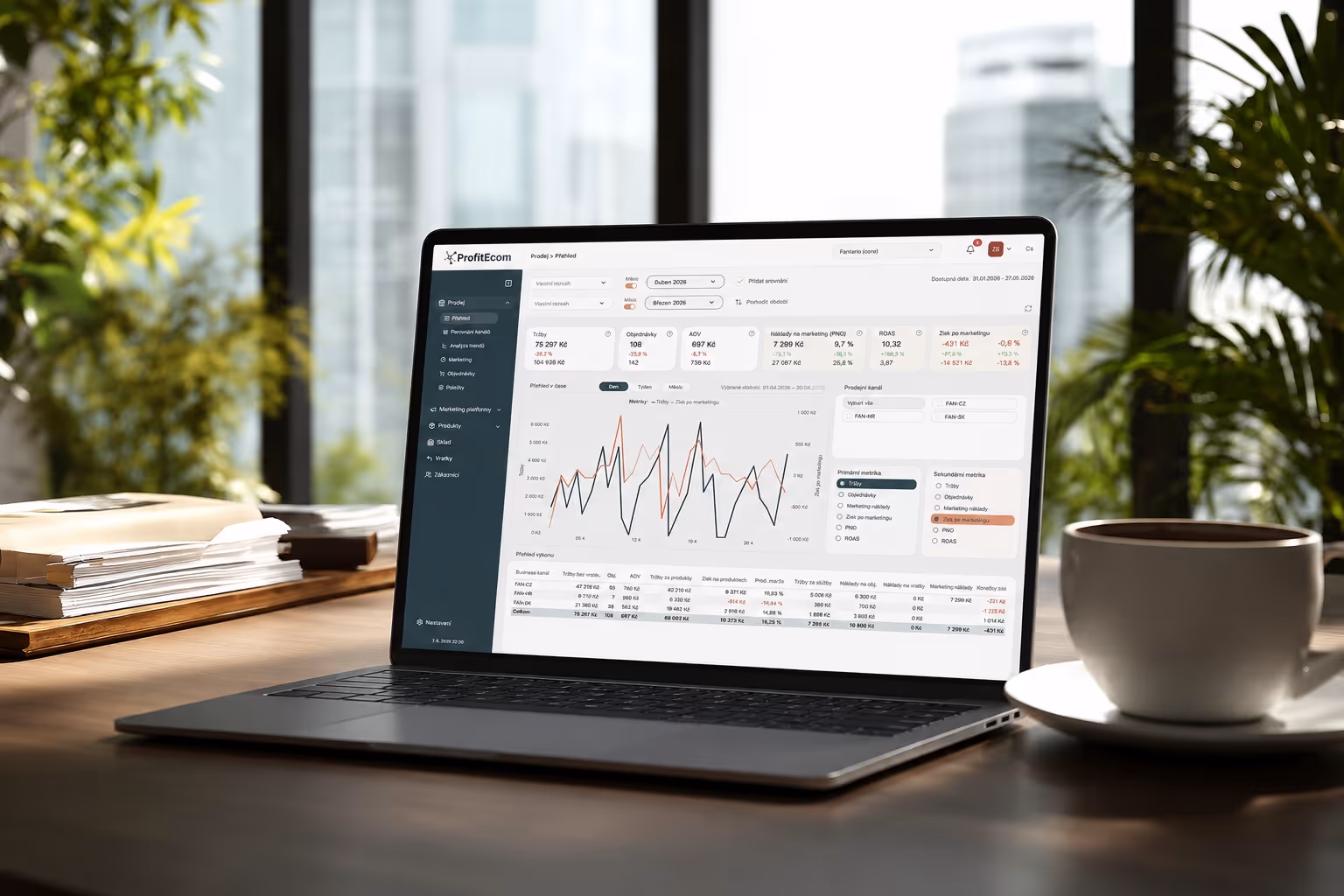 Laptop s otevřenou aplikací ProfitEcom zobrazující grafy a marketingová data na stole s šálkem.