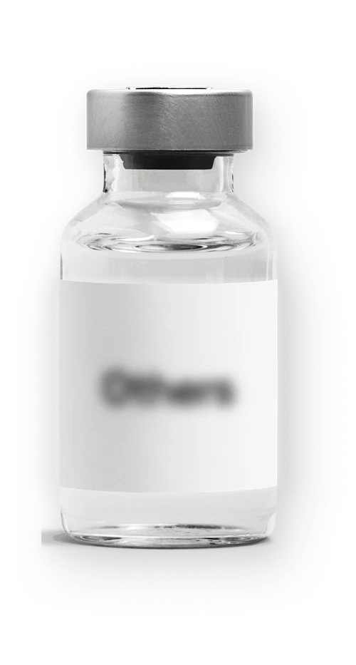 Clear glass vial with a gray cap and a blank white label.