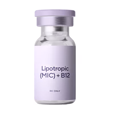Small clear vial labeled Lipotropic (MIC) + B12 with lavender cap and white background.