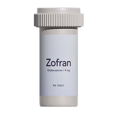 Prescription pill bottle labeled Zofran Ondansetron 4 mg, RX only.