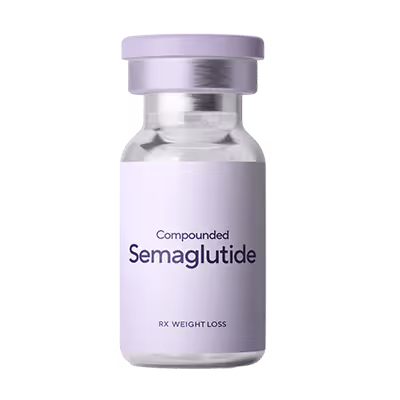 Small clear vial labeled 'Compounded Semaglutide RX Weight Loss' with a purple cap.