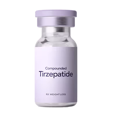Small clear vial labeled Compounded Tirzepatide RX Weight Loss with a light purple cap.