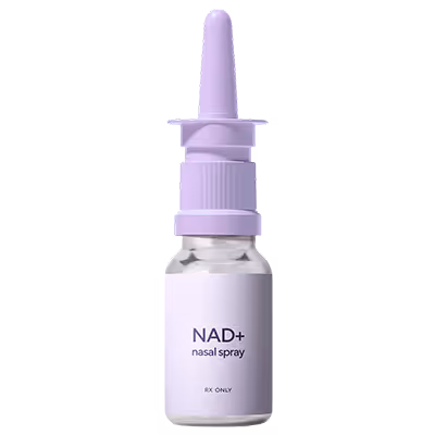 NAD+ nasal spray bottle with a lavender cap and label, front view.