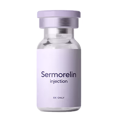 Small clear vial with a lavender cap labeled 'Sermorelin injection RX ONLY'.