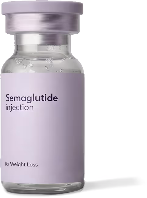 Clear vial with purple label reading 'Semaglutide injection' and 'Rx Weight Loss'.