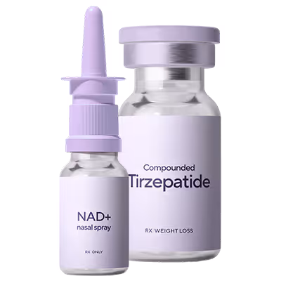 Two clear medical vials with lavender caps labeled 'NAD+ nasal spray' and 'Compounded Tirzepatide RX Weight Loss.'