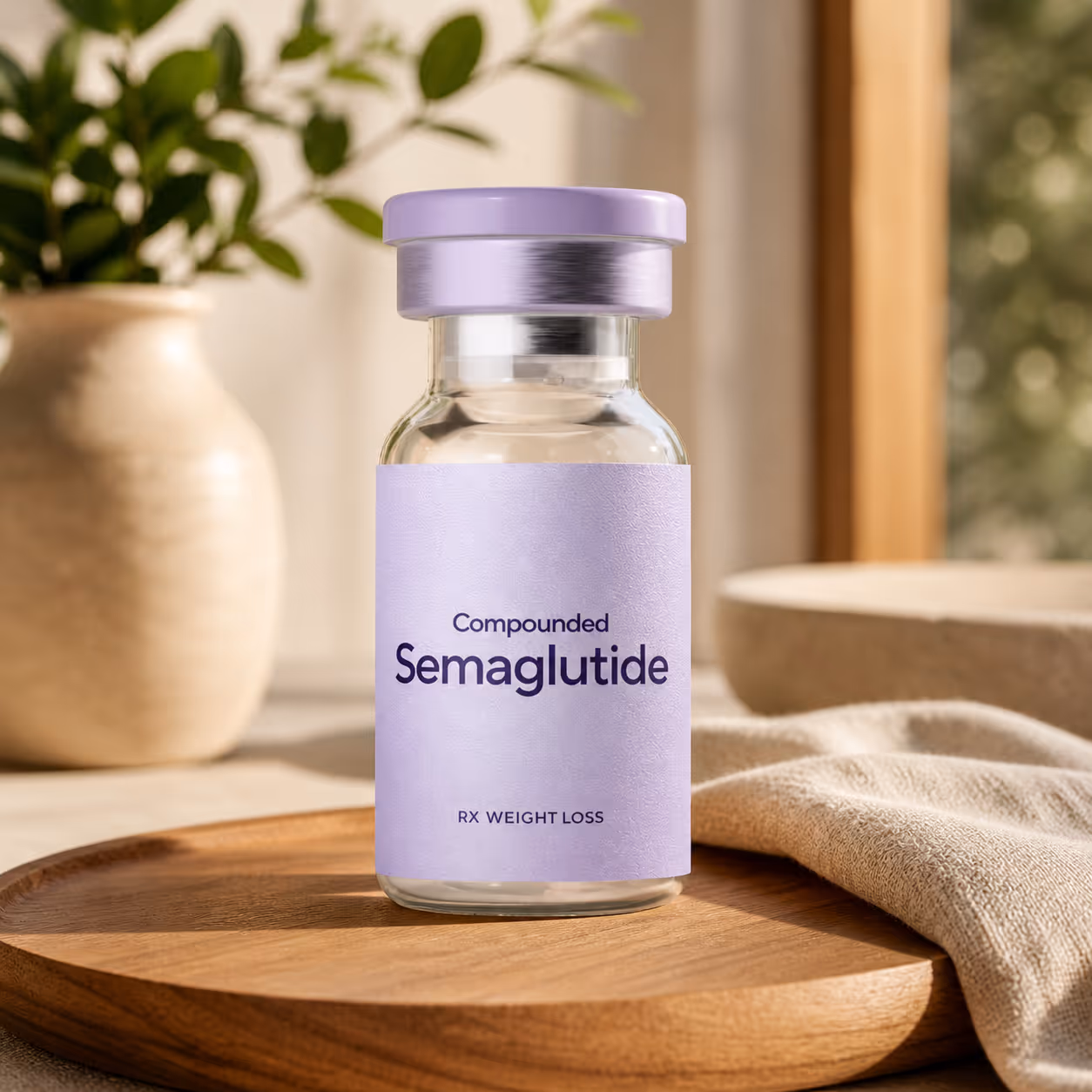 Glass vial labeled 'Compounded Semaglutide RX Weight Loss' on a wooden tray with a plant and soft fabric in background.
