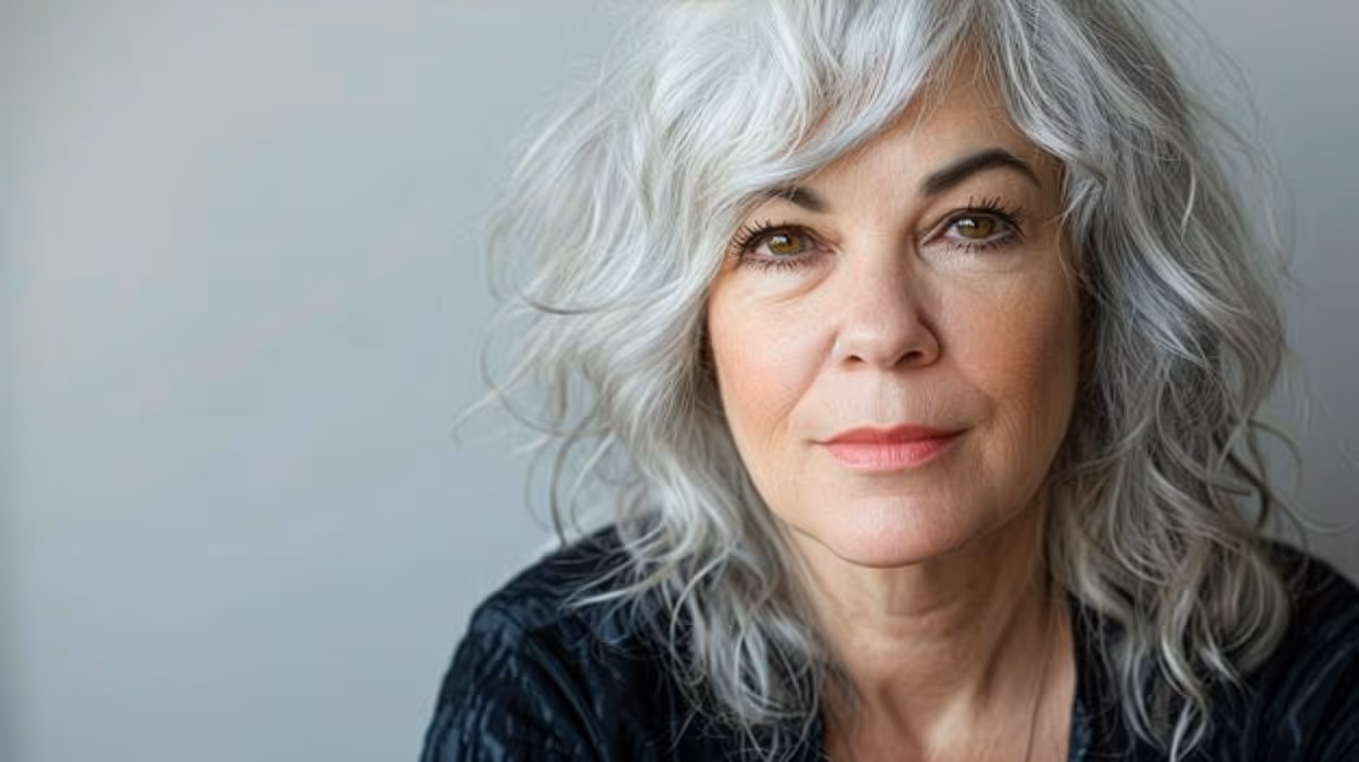 Close-up portrait of a mature woman with gray wavy hair and hazel eyes looking directly at the camera.