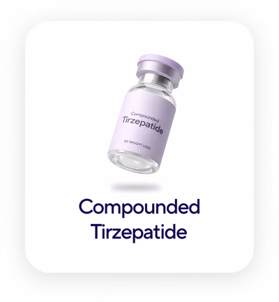 Small vial labeled Compounded Tirzepatide for RX weight loss with a purple cap.