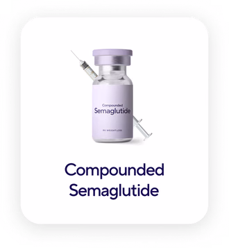 Vial labeled Compounded Semaglutide with a syringe behind it, indicating a prescription for weight loss.