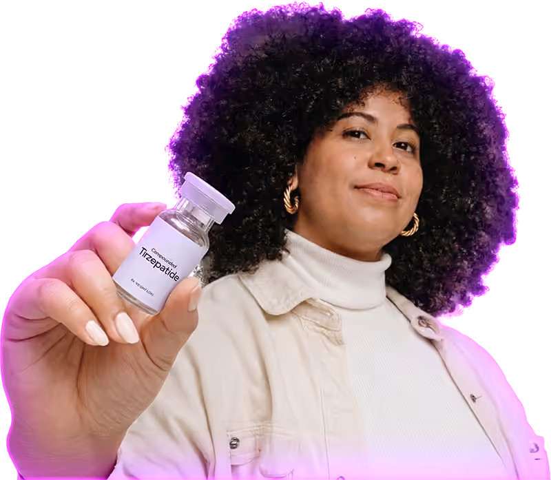 Confident woman with curly hair holding a vial labeled 'Compound Trizepatide'.
