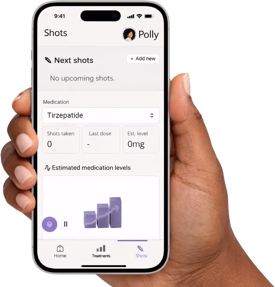 Hand holding smartphone showing a medication tracking app with 'Tirzepatide' selected, zero shots taken, and estimated medication levels graph.