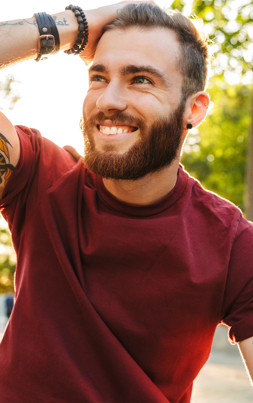 man in red shirt
