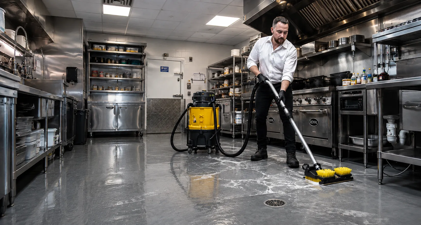 Commercial restaurant cleaning and sanitation system in use.