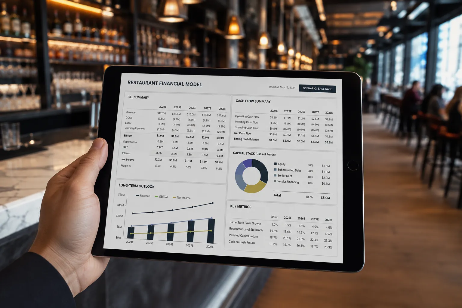 Investor-grade restaurant financial model with cash flow and capital planning.