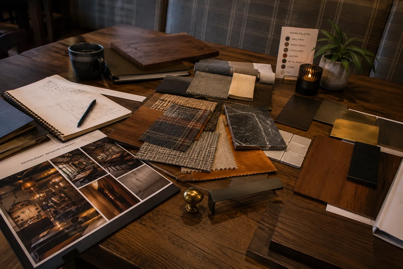 Restaurant concept materials arranged during a planning workshop.