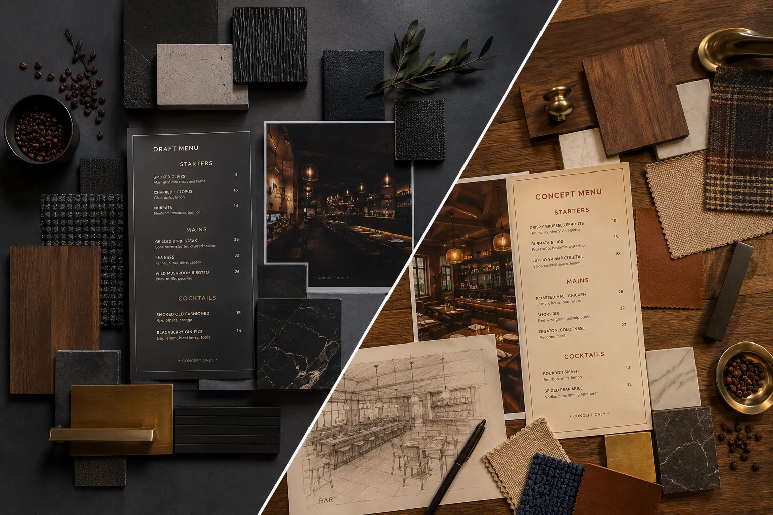 Restaurant menu, brand, and floor-plan decisions being reconciled during concept development.