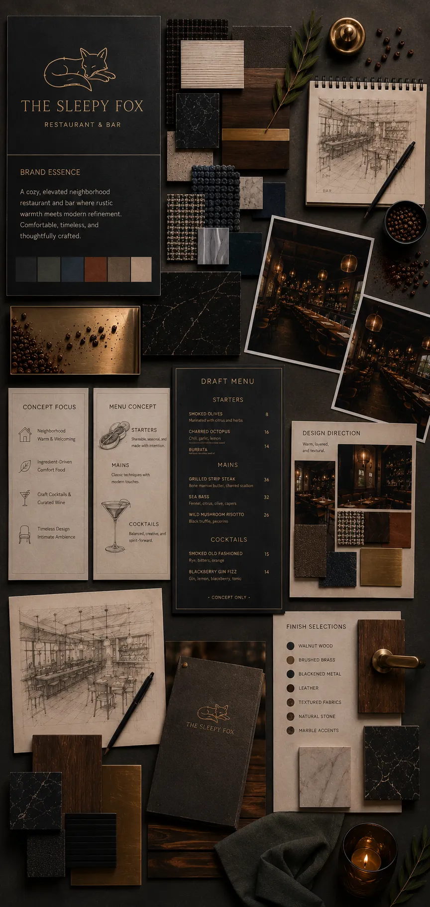 Complete restaurant concept package with menu, brand, design and operating plans.