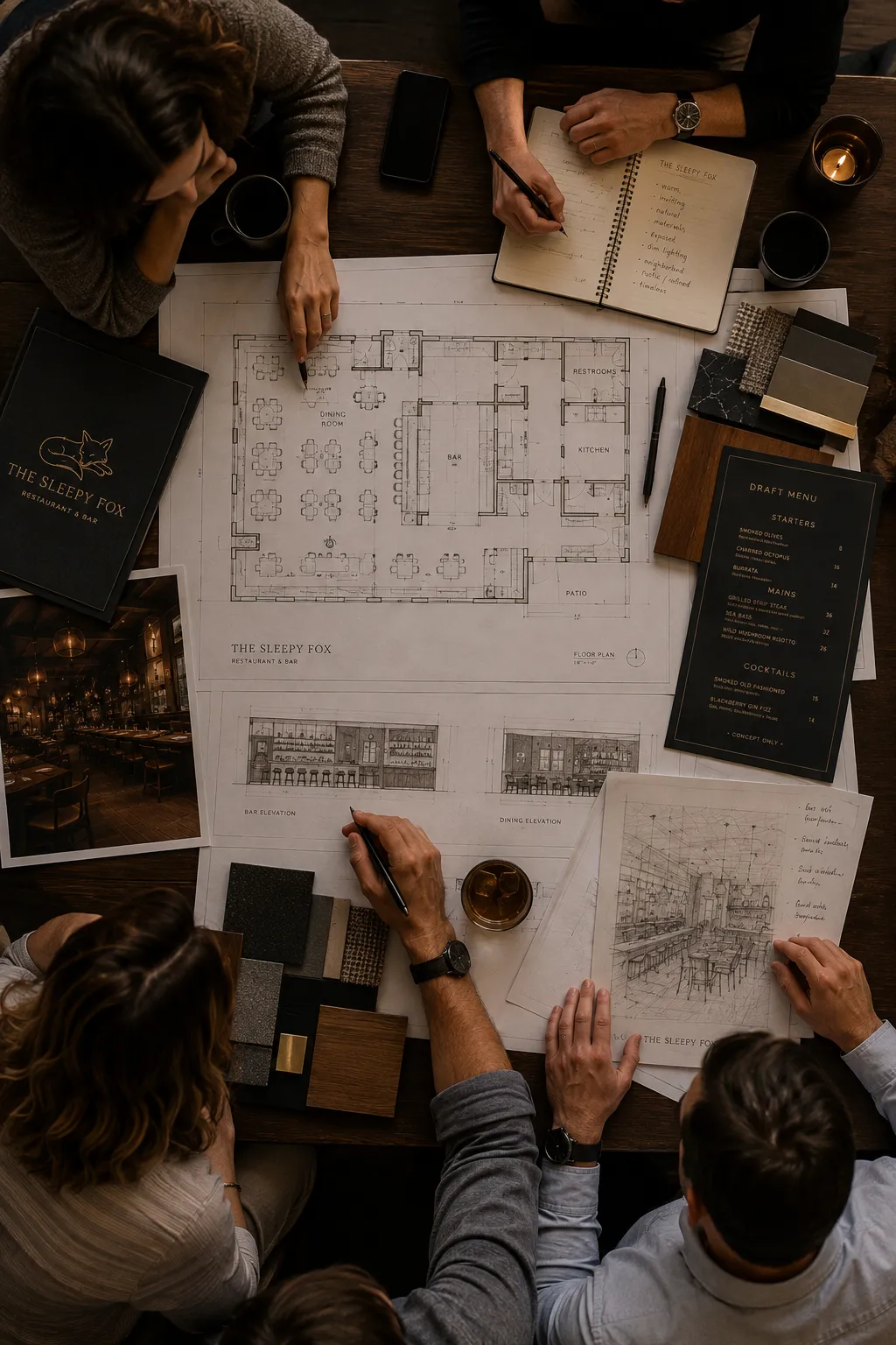 Hospitality development team reviewing restaurant site plans.