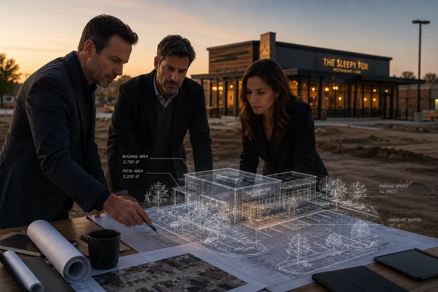 Developer and hospitality advisor reviewing restaurant project plan.