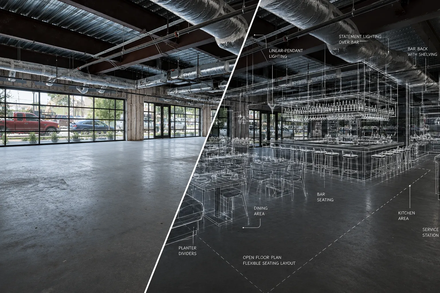 Restaurant development site evaluated for concept feasibility.