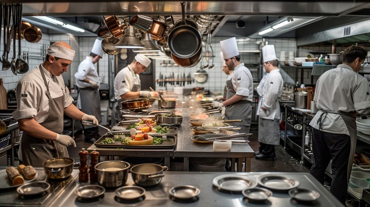 Restaurant kitchen and service team operating during a busy shift.