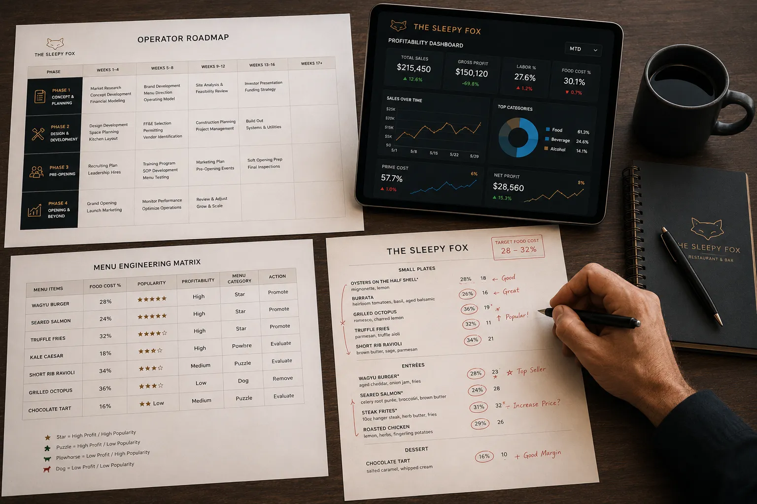 Restaurant profitability roadmap with prioritized operational actions.