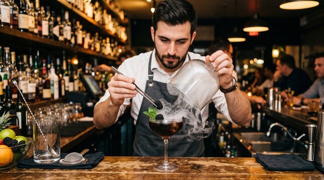 Bartender making a high-end creative cocktails in a busy bar.