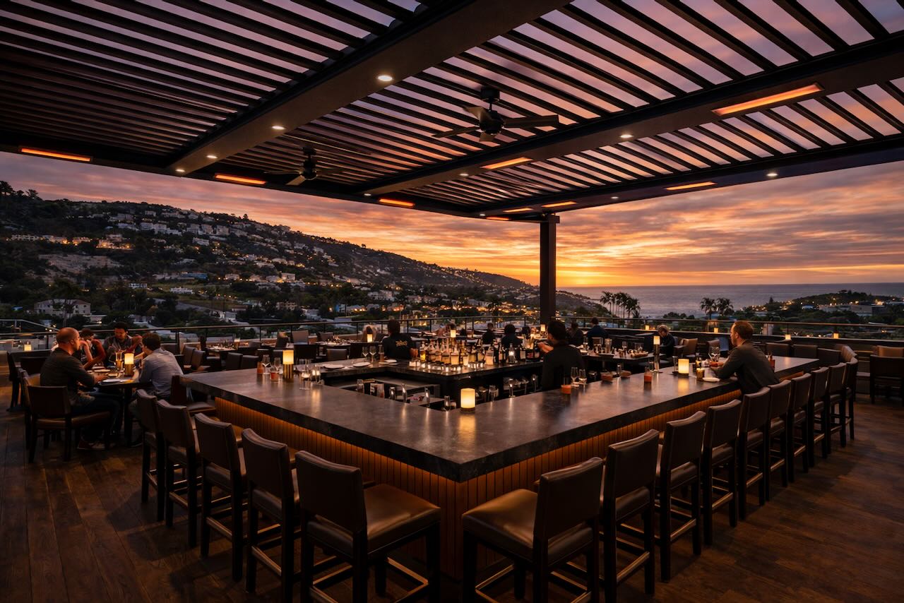 Restaurant bar team executing a beverage program at dusk.