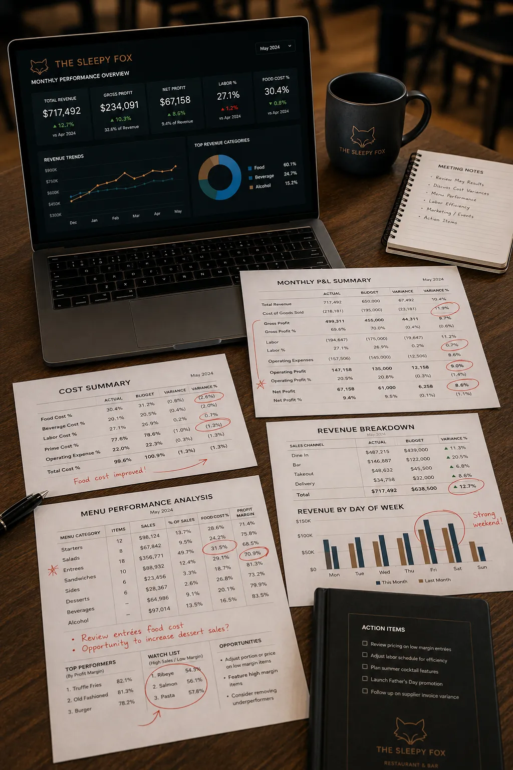 Monthly restaurant performance dashboard showing sales, labor, and food-cost trends.
