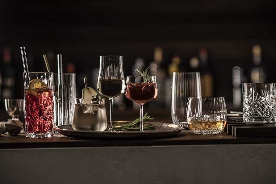 A line-up of high-end restaurant glassware for premium bar stock.