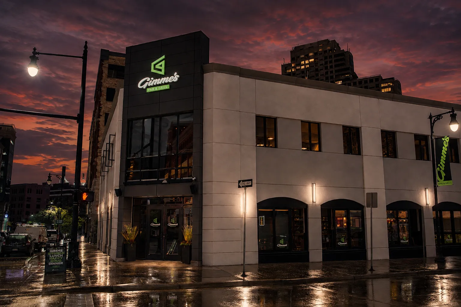 Upscale, urban restaurant exterior at dusk.