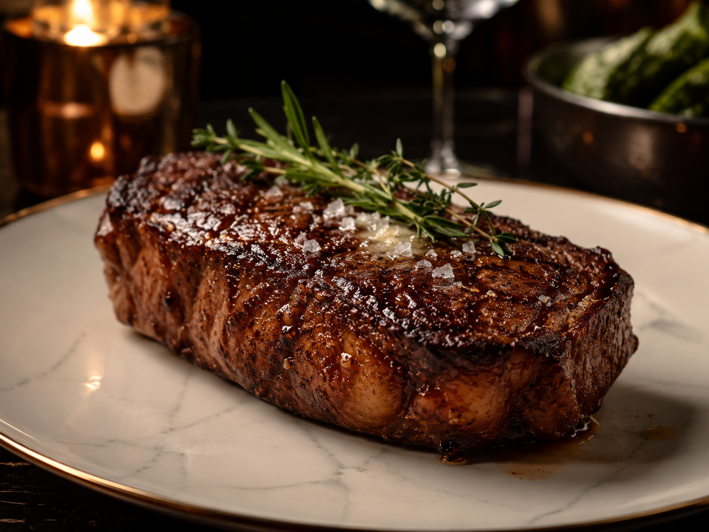 Thick prime steak with a deeply seared crust plated for an upscale steakhouse concept.