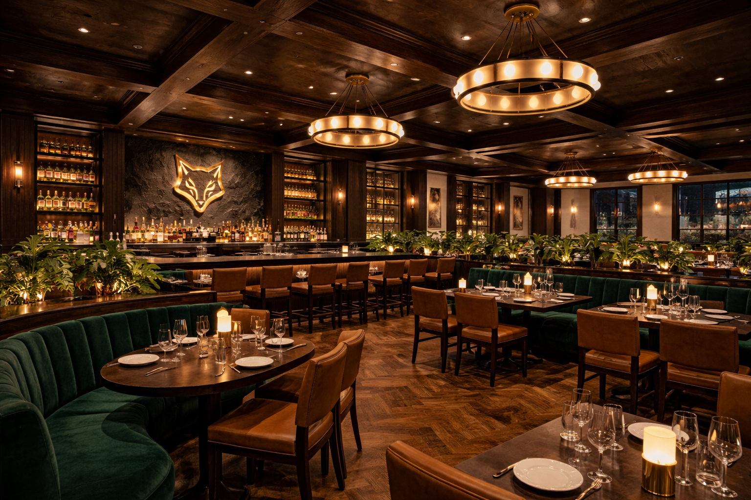 Upscale restaurant and bar interior with dark wood, green banquettes, warm lighting and refined dining tables.