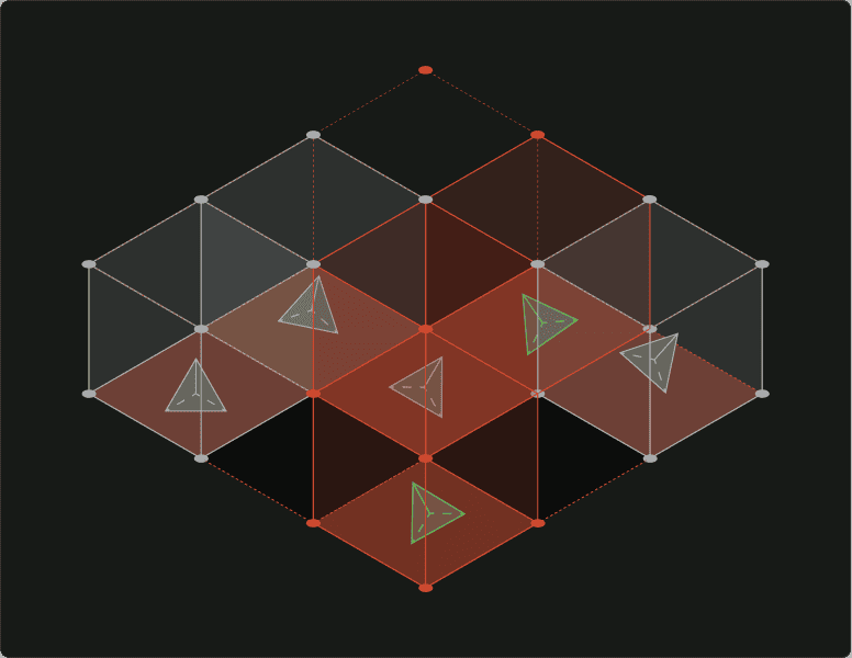 Isometric grid of connected cubes with five transparent triangular 3D objects inside, highlighted with red and gray shaded planes.