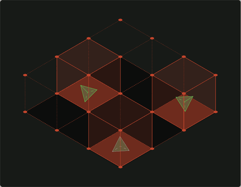 3D wireframe grid of connected cubes with three transparent pyramids inside some cubes, displayed on a dark background.