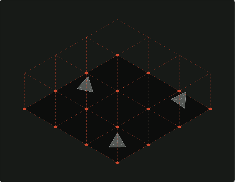 3D isometric grid with red dots connected by thin red lines and three translucent tetrahedron shapes placed on different grid points.