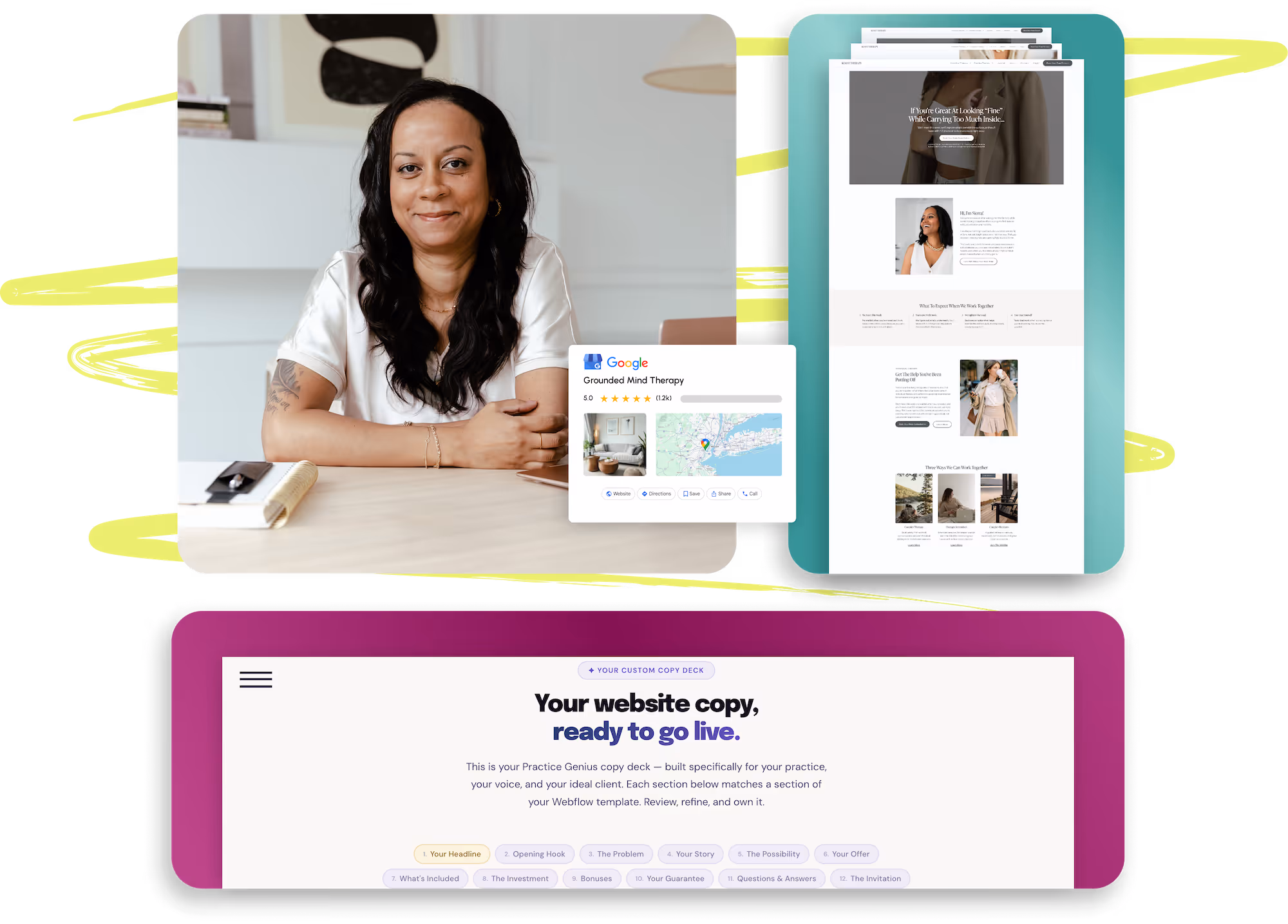 Smiling woman sitting at desk with a laptop and notebook, alongside a website mockup and Google business profile for Grounded Mind Therapy.