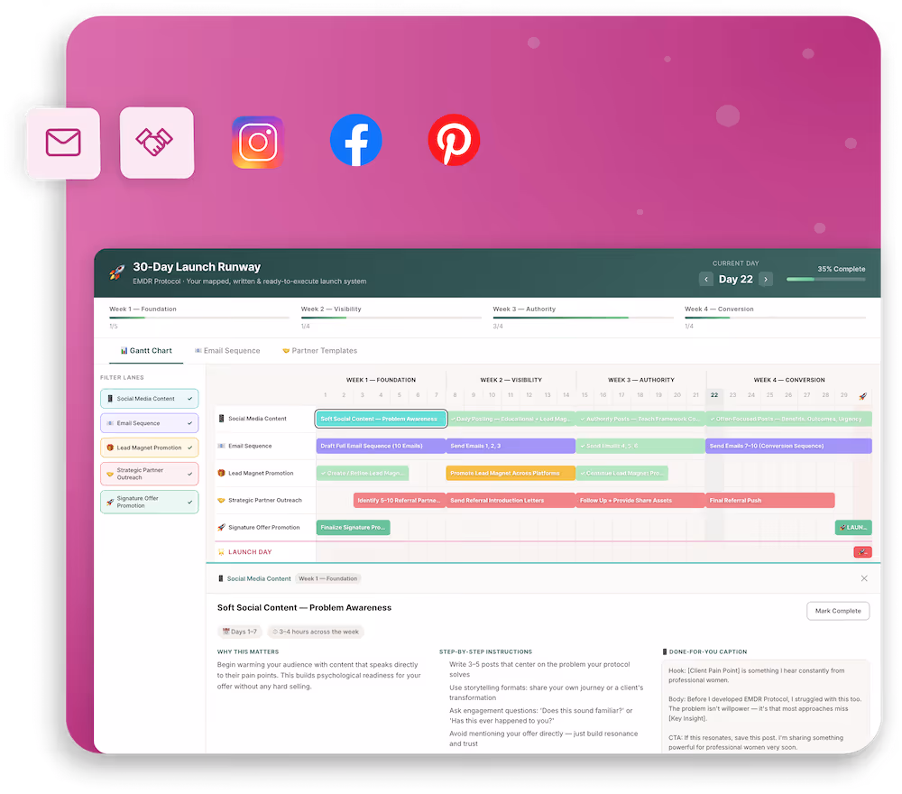Digital dashboard showing a 30-day launch runway project plan with weekly tasks and email/social media campaign steps on a purple background.