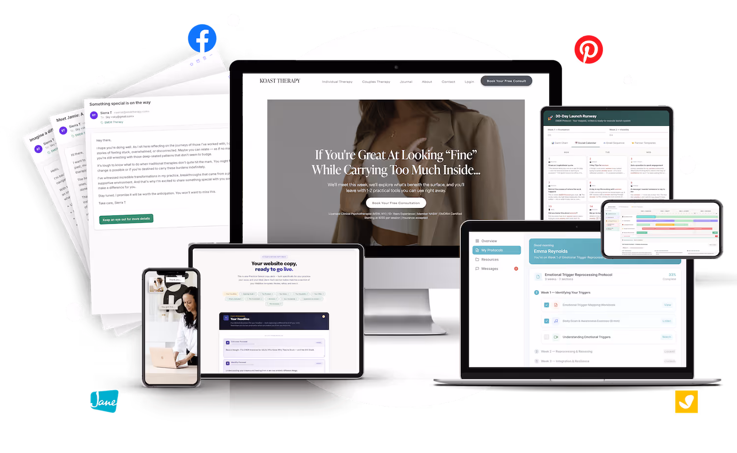 Collage of multiple digital devices displaying therapy-related content including AI copywriting prompts, therapy website, tech checklists, objection scripts, and therapist profile.